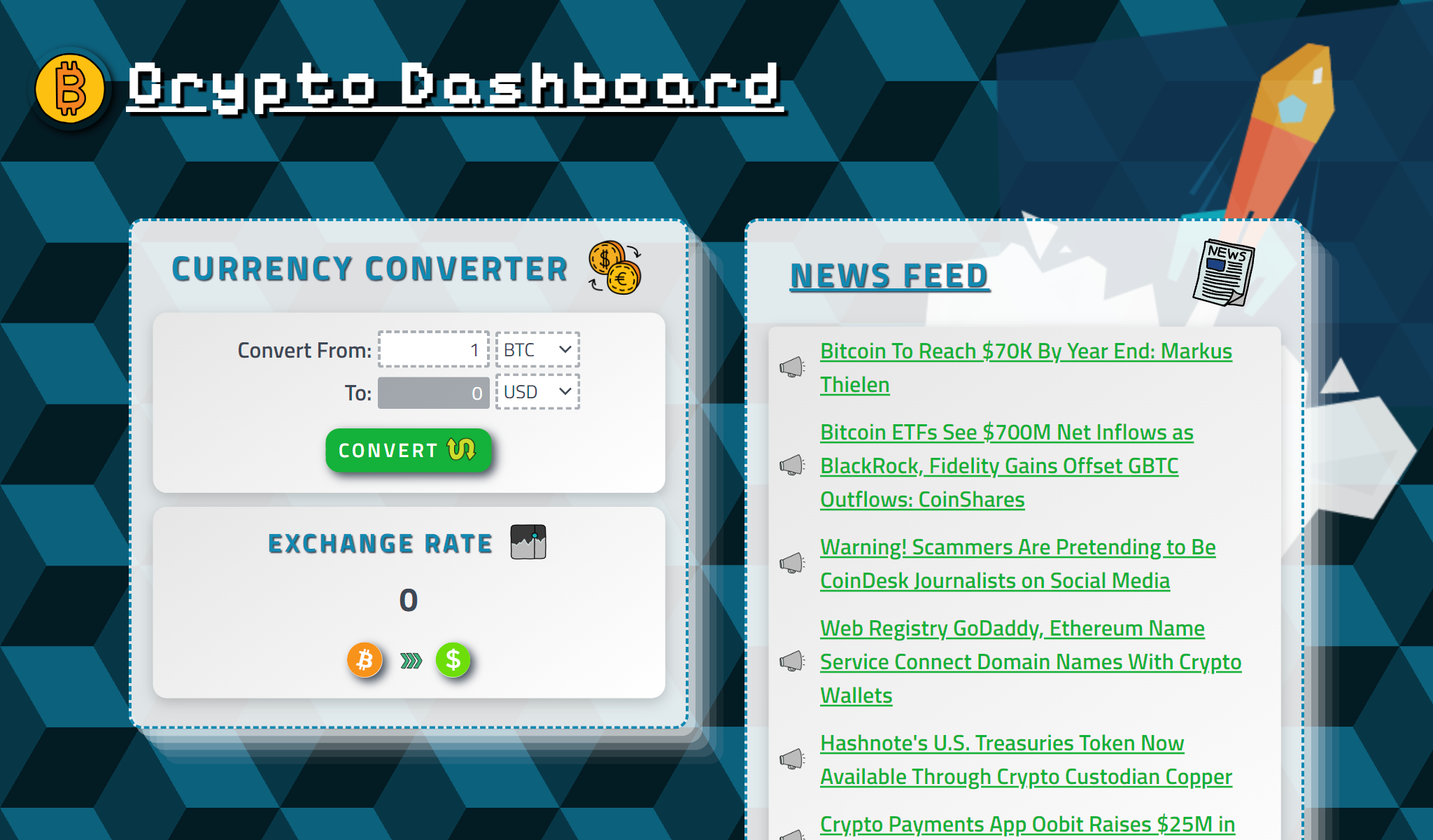 Screenshot of Crypto Exchange Rates Dashboard